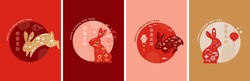 Chinese new year 2023 year of the rabbit - red traditional Chinese designs with rabbits, bunnies. Lunar new year concept, modern design. Translation: Happy Chinese new year