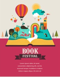 Open Book with set of vector fairy tale elements, icons and illustrations