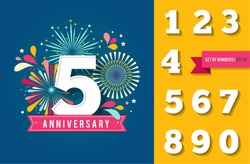 Anniversary fireworks and celebration background, set of numbers