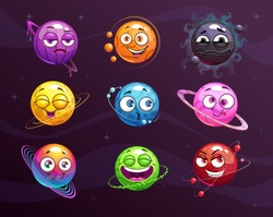Funny cartoon colorful emoji planets set. Vector comic fantasy space characters  icons.