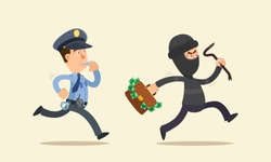 Police officer chasing thief, cop whistles. The robber hold bag with money in his hand. Vector illustration, flat cartoon style. Isolated background, side view.