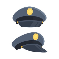 Police cap with gold badge. Side and front view. Vector illustration, flat design, cartoon style. Isolated on white background.