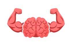 Brain, intellect power. Extreme intelligence, high IQ concept. Brain with strong double biceps. Vector illustration, flat design, cartoon style. Isolated on white background. Front view.