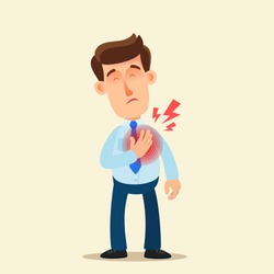 Heartache, heart attack. Man holding  hands on his chest, painful expression on face. Discomfort in chest, panting. Medical vector illustration, flat design cartoon style. Isolated background.