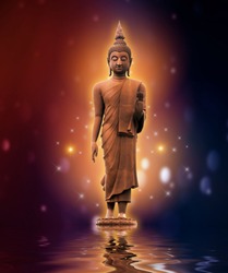 Buddha statue on water gold background purple color blue