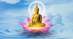 Buddha statue water lotus Buddha standing on lotus flower on background