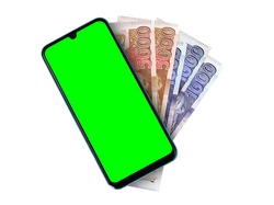 Green Screen Chroma Cell Phone with 5 and 1 Thousand Pakistani Currency Notes