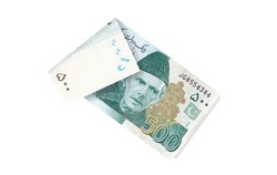 500 Five Hundred Rupees Pakistani Currency Bank note folded isolated on a white background 