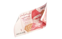 Rs 100 Pakistani Rupees Bank note curled on both sides on white background -Money - finance -currency