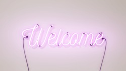 Neon sign that says the word Welcome in bright pink colours, on a white concrete wall background.