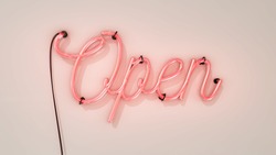 Bright electric neon red sign saying the word Open on a white background, indicating a store, shop, pub or restaurant is now open for business sign.
