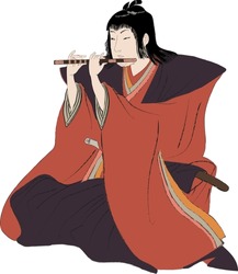 Japanese samurai flute player in kimono vector illustration. Asian traditional music art and culture in Japan or China. Vintage japanese costume drawing.
