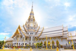 Wat Sothon Wararam Worawihan, Famous Temple in Thailand. Located at Chachoengsao Province.Beautiful white and golden temple at rural Thailand with blue sky.