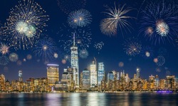 New York City Skyline with Fireworks on the sky. New Years Eve Celebration