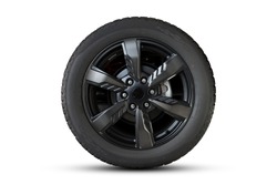 Clipping path. Black Wheel super car isolated on White background view. Movement. Magneto wheels.