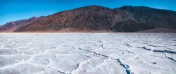 Death Valley National Park, California. Panoramic view Badwater basin and Black Mountains. Salt flats, 282 feet below sea level.