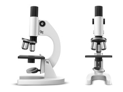 Realistic microscope side and front view. 3d lab or laboratory tool for magnifying. Magnification item for biology and chemical, medical research. White and black instrument for focusing. Macro lens