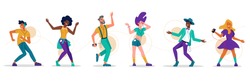 People dance, music party dancers, vector flat isolated icons. Girl woman and men dancing to music, listening player earphones and headphones connected by wire cable, dance club music people