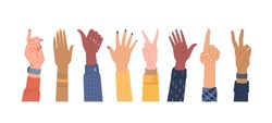 Diversity hands different gestures isolated set. Vector colorful palms, equal and diversity skins, multi ethnic community. Voting and pointing, hi-five, number one finger, thumb up, election vote sign
