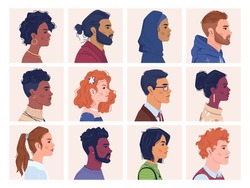 Diverse people, man and woman portraits, multiracial, multicultural crowd, side view portraits. Vector multi-ethnic group, afro american and caucasian, africans and europeans, multinational ethnicity