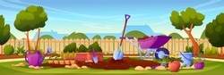 Backyard garden with cultivated soil, shovel and pitchfork, watering can and wheelbarrow, fence and country house on background. Vector gardening equipment, lawn with growing plants, potted flowers