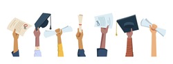 Set of multi ethnic hands holding diplomas, mortarboard hats and certificates, graduation celebration flat cartoon people arms. Vector happy students celebrating graduate from college, university
