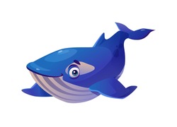 Sperm whale isolated cachalot underwater animal childish cartoon character with big eyes. Vector blue giant fish, marine baby orca shark, swimming cute aqua water wildlife amphibian, funny mascot