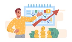 Investment money concept isolated cartoon man planning payments on calendar schedule, income growth. Vector growing arrow price on chart, stack of gold coins and bills, invest strategy and banking