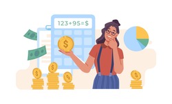 Calculation, bookkeeping investment money concept, flat cartoon. Vector woman with calculator counting, thinking about profit. Economic audit, financial analysis, tax accounting, bill payment