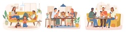 Smartphone addiction of people, isolated characters using gadgets and devices. Vector family at home sitting by table looking at screens, friends gathered in cafe or restaurant avoid talking