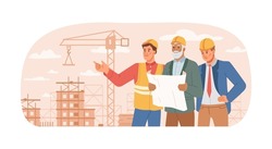 Workers showing contractor progress on construction site, people wearing helmets looking at sketch or plan. Professional builders team managing process of building real estate. Vector in flat