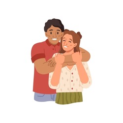 Brother hugging sister, isolated cuddling wife and husband. Vector friendship and relationships. Bonding male and female flat cartoon characters. Cheerful young lady, teenagers in love dating