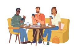 People gathered for meeting in cafe staring at phones. Isolated friends addicted to smartphones and gadgets, watching videos and chatting. Vector in flat cartoon style
