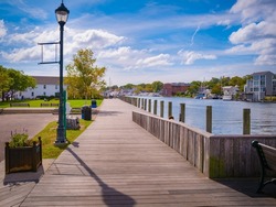 Tranquil landscape of Mystic boardwalk in Connecticut