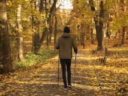 A man in dark sportswear is doing Nordic walking in an autumn park with yellow foliage. Rear view without face. Physical activity for a healthy lifestyle