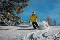 Young person is skiing on a fresh snow powder surface on a sunny day between the trees. Frontal view of a skier rushing down the slope.