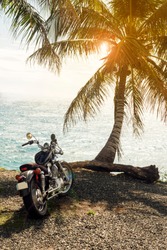 Motorcycle near palm trees, sea, beach