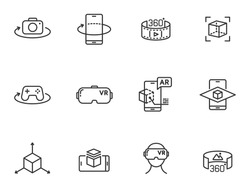 AR and VR line icon set isolated on white background. Virtual and augmented reality outline icons for web design, mobile apps, ui design and print. 3D visualization technology