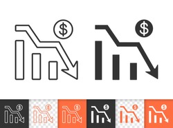 Graph down black linear and silhouette icons. Thin line sign of bankrupt. Arrow below outline pictogram isolated on white transparent background. Vector Icon shape. Graph Down simple symbol closeup