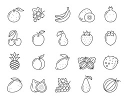 Fruit thin line icon set. Food collection of simple outline signs. Berry symbol in linear style. strawberry, orange, kiwi black contour flat icons design. Isolated on white concept vector Illustration