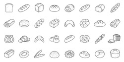 Bread thin line icon set. Bakery collection of simple outline signs. Fresh baking symbol in linear style. Toast, baguette, bun contour flat icons design. Isolated on white concept vector Illustration
