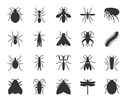 Insect black glyph icons set. Pest sign kit. Beetle pictogram, dragonfly, fly, spider, bug, bee. Simple insect silhouette icon symbols isolated on white Vector Illustration