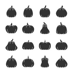 Halloween Pumpkin black silhouette icon set. Monochrome flat design vector illustration symbol collection. Simple graphic pictogram pack. Party, web, print, card, poster, banner, flyer, tag concept