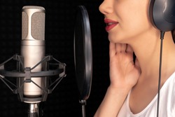 Beauty Young Dubbing Artist Girl In Recording Studio Talking Into Microphone