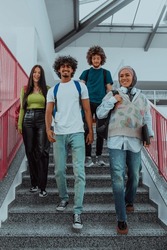 A modern group of students, including an Afro American student and a student wearing a hijab, walk together in the hallway of a modern university, reflecting diversity, inclusivity, and the pursuit of