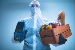 Home delivery food during virus outbreak, coronavirus panic and pandemics. Stay safe!