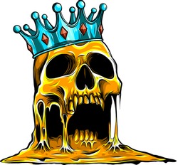 Crowned king skull symbol of spooky human cranium with royal gold crown.