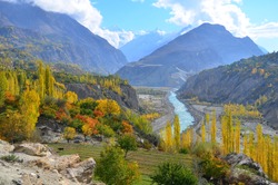 This is beautiful autumn in the late morning in Hunza valley , Karakoram highway , Pakistan  