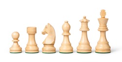 wooden chess pieces on a white
