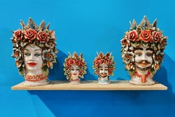 Typical sicilian painted ceramic heads on display Catania Italy October 3 2023
